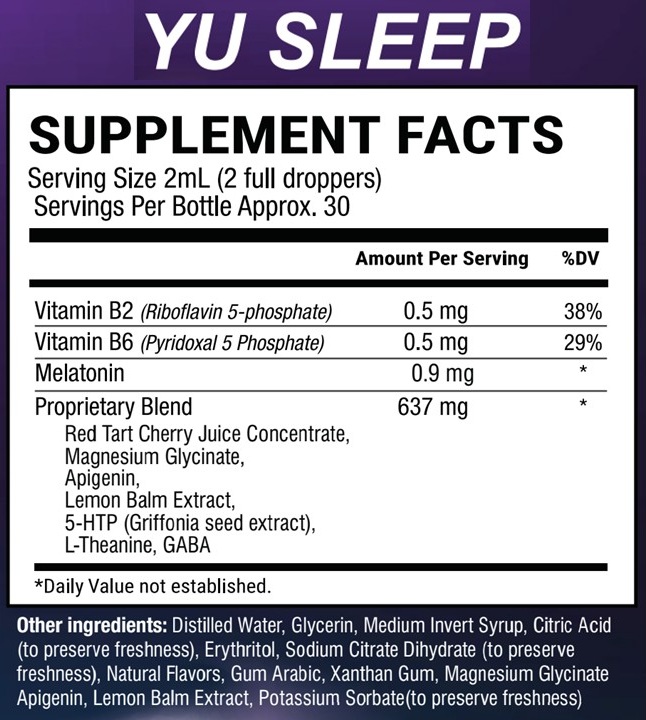 Yu Sleep Ingredients Label